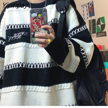 Yipinpay 2023 Winter Streetwear Oversize Striped Women Sweater Korean Style Long Sleeve O Neck Ladies Knit Pullover Female Tops